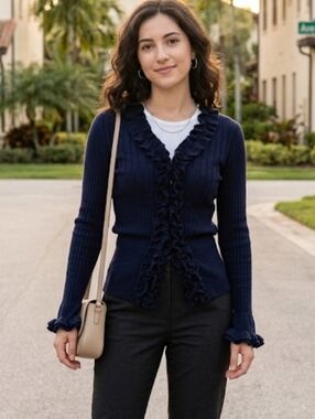 Anne Fontaine "Parfait" Navy Blue Wool Ruffled Ribbed Cardigan  Sweater Size 40